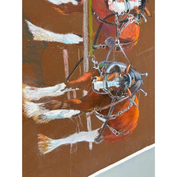 Vintage Equestrian Artwork Two Draft Horses Harness brown western 20.5x16" READ - Picture 3 of 10